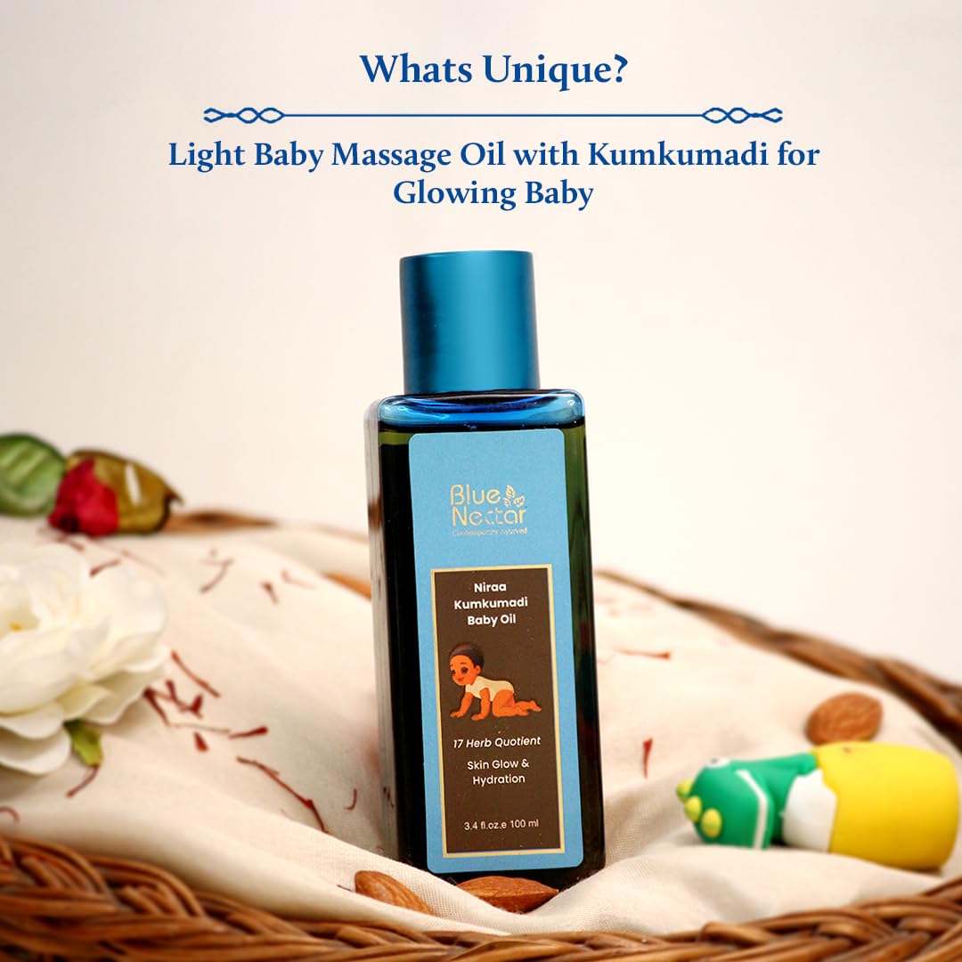 Blue Nectar Baby Oil with Pure Kumkumadi Oil for Glow & Hydration | Ayurvedic Baby Massage Oil for New Born | 100% Natural & Safe Baby Product for Delicate Skin (17 Herbs, 6.76 Fl Oz)
