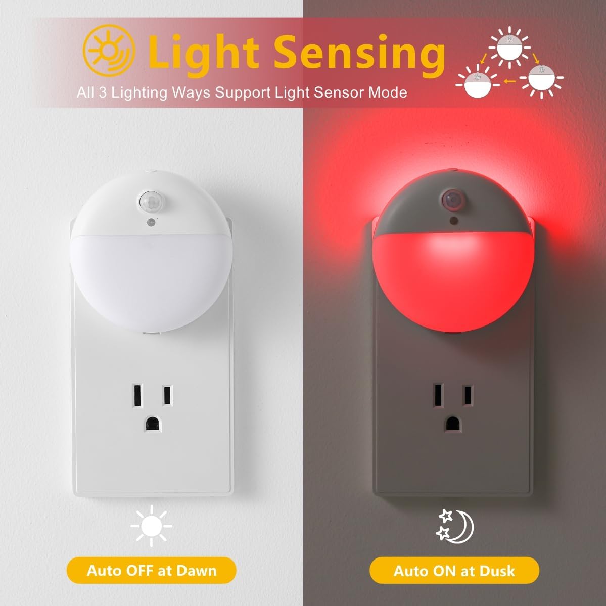 2 Pack Plug in Red Sleep Night Light with Motion Sensor and Dusk to Dawn Sensor, 3 Modes, Soft Glow, Stepless Dimming, LED Lights for Bedroom, Sleep, Baby Nursery, Kids, Toddler, Home Decor