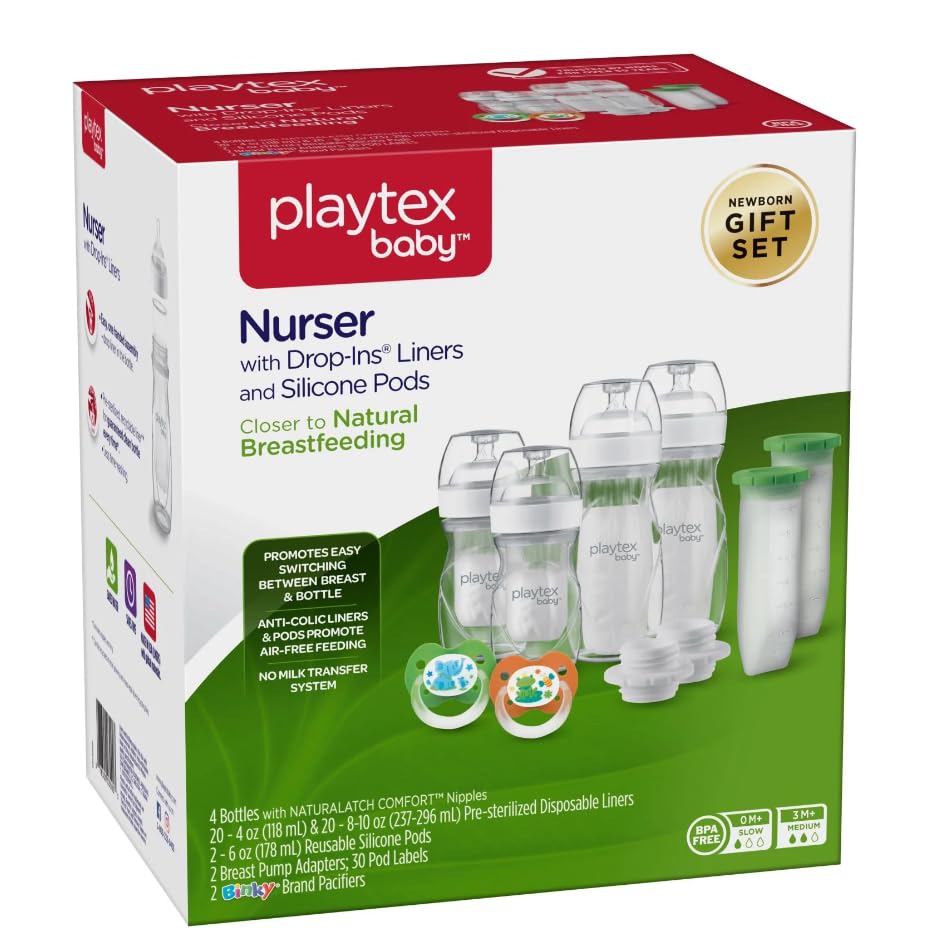 Playtex Baby Nurser Newborn Gift Set with Drop-Ins Bottle Liners, Closer to Breastfeeding, 4 Bottles (2x4 Oz, 2x8 Oz), Liners and PODS, 2 Binky Pacifiers, Bottles for Newborn and Breastfeeding Babies