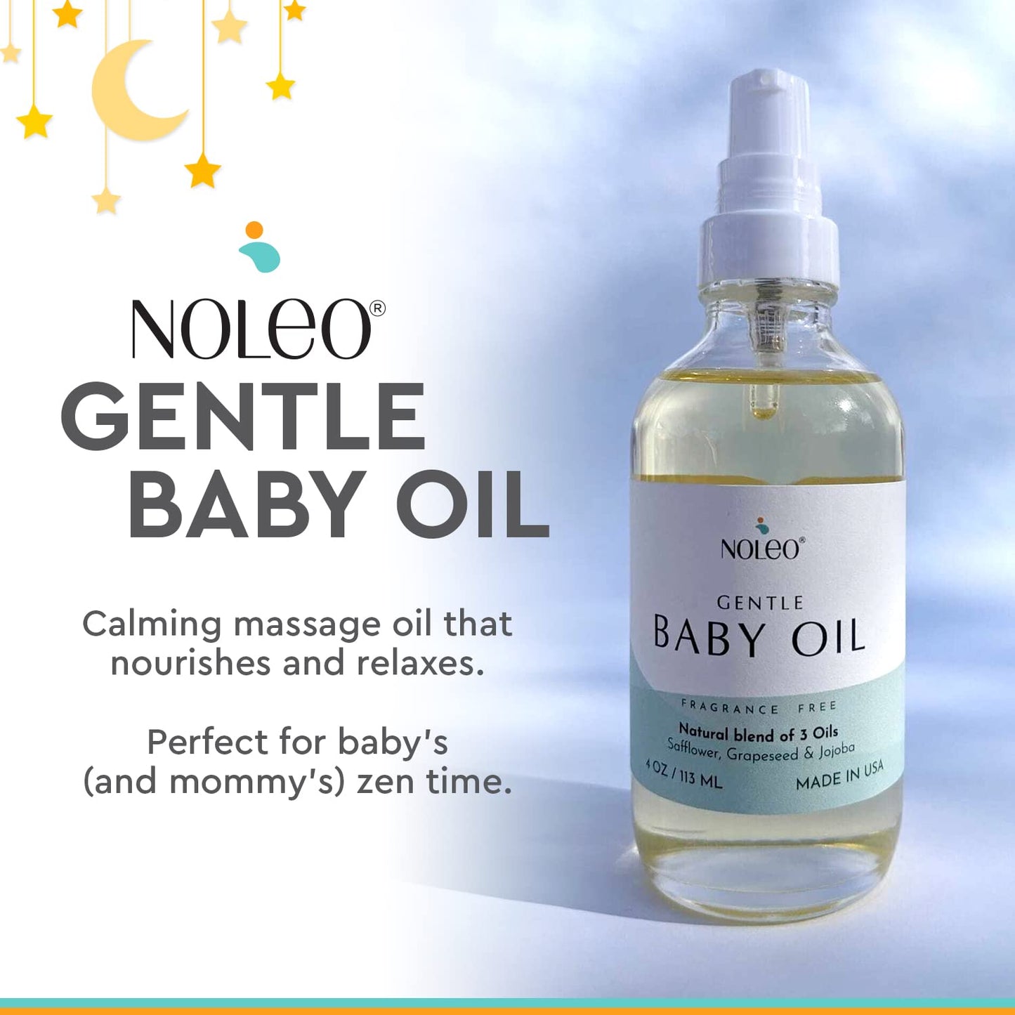 NOLEO Gentle Baby Oil - Calming Baby Oil for Newborn w/Grapeseed, Safflower & Jojoba Baby Skin Care Natural Oils - Baby Oil Organic for Sensitive Skin, No Fragrance & No Perfumes - 4 oz