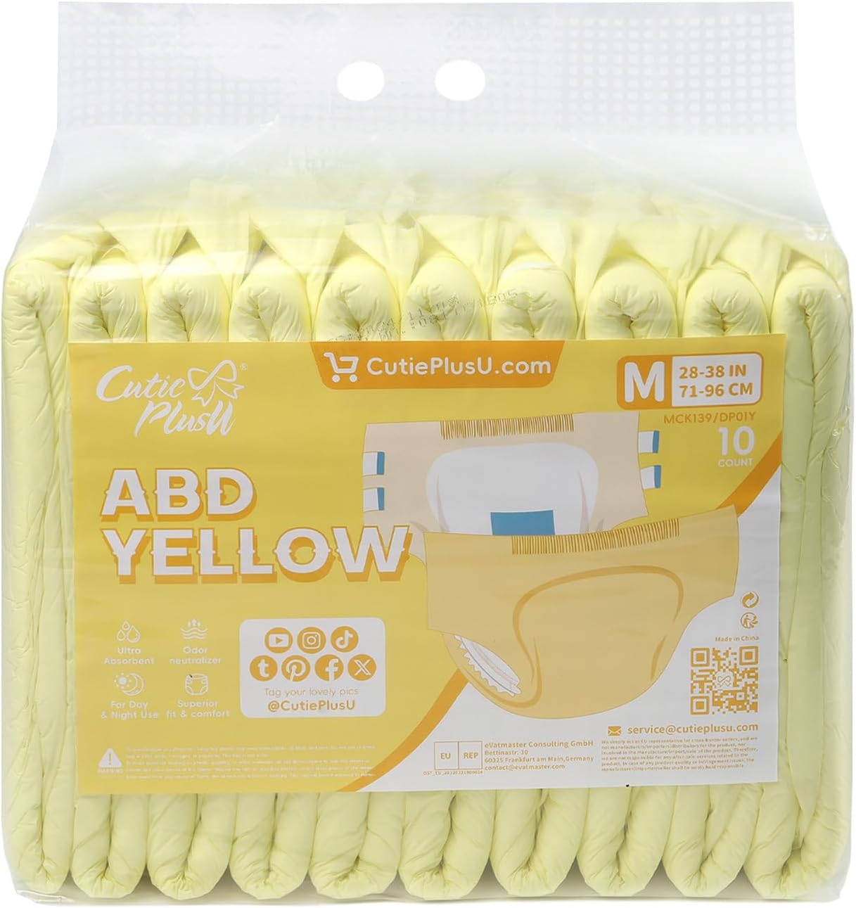 CutiePlusU Disposable Adult Diaper Heavy Absorption Dry Surface Adult Diapers All Night- Yellow 10 Pieces (Medium 28"-38")