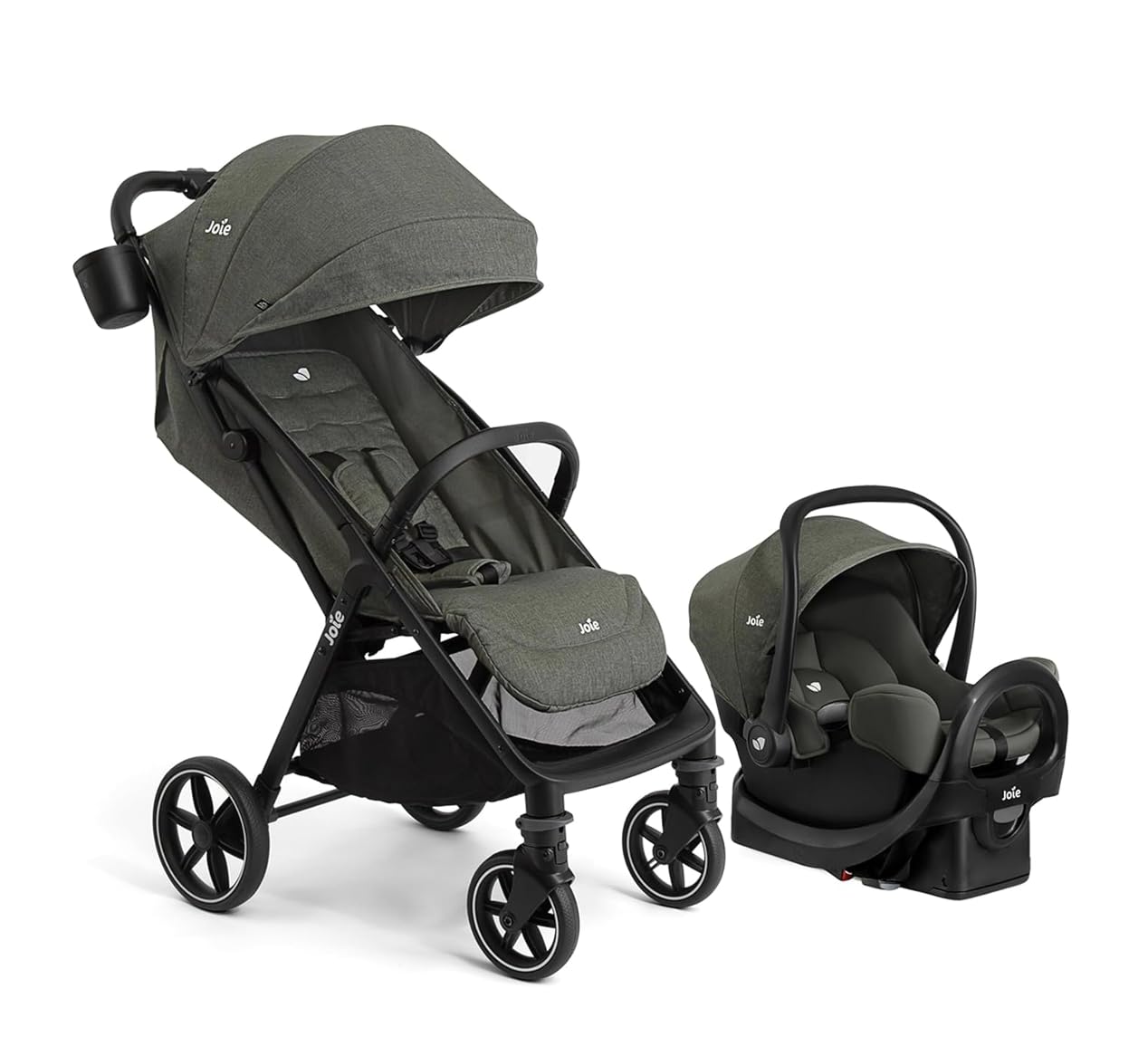 Joie Nutmeg and Rue Travel System – Travel Friendly Compact Stroller with Automatic Fold, Lightweight Car Seat & Anti-Rebound Base (Evergreen)