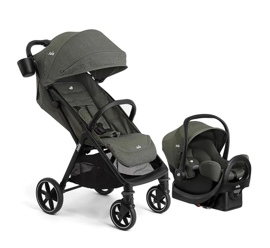 Joie Nutmeg and Rue Travel System – Travel Friendly Compact Stroller with Automatic Fold, Lightweight Car Seat & Anti-Rebound Base (Evergreen)