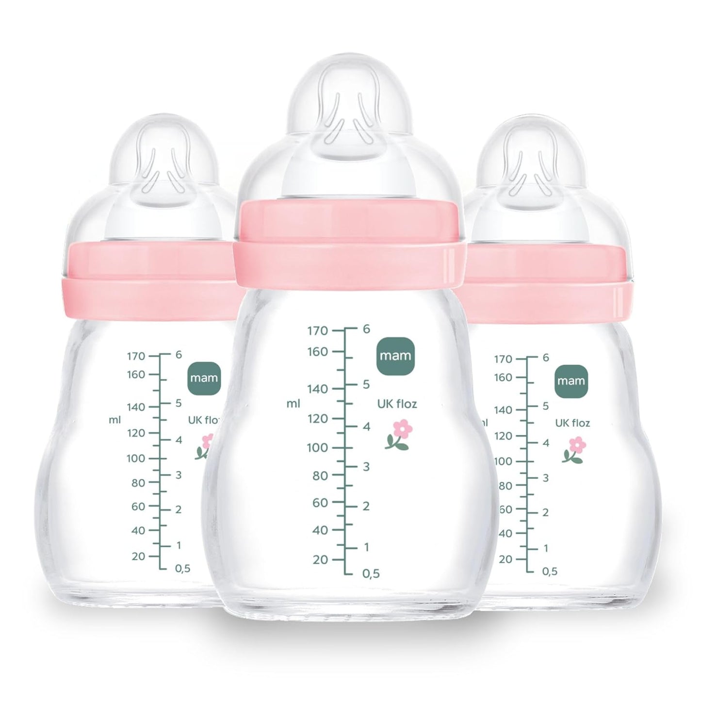 MAM Premium Glass Baby Bottles, Easy Switch Between Breast and Bottle, Feel Good Slow Flow, Newborn Essentials Must Have, 0+ Months, BPA Free, 6oz, Girl, 3 Pack