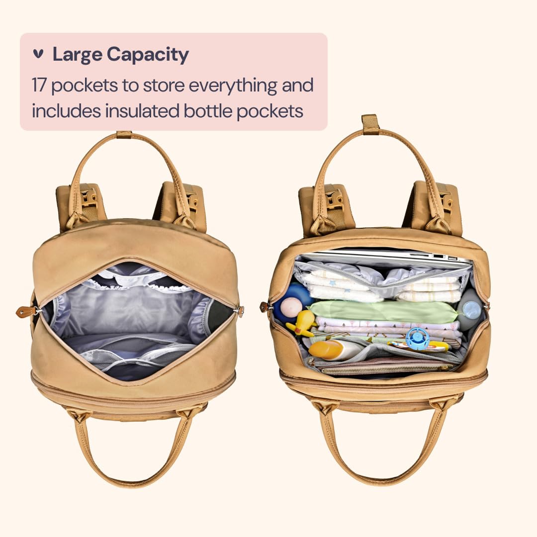 BabbleRoo Diaper Bag Backpack - Baby Essentials Travel Tote - Multi function Water Resistant Diaper Bag, Travel Essentials Baby Bag with Changing Pad, Stroller Straps & Pacifier Case - Unisex, Beige