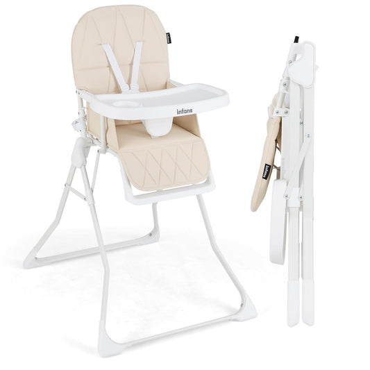 INFANS Baby High Chair, Quick Folding Portable Highchair for Babies and Toddlers with Adjustable Footrest Removable Dishwasher Tray PU Seat, Compact Highchairs for Baby Age 6-36 Months (Beige)