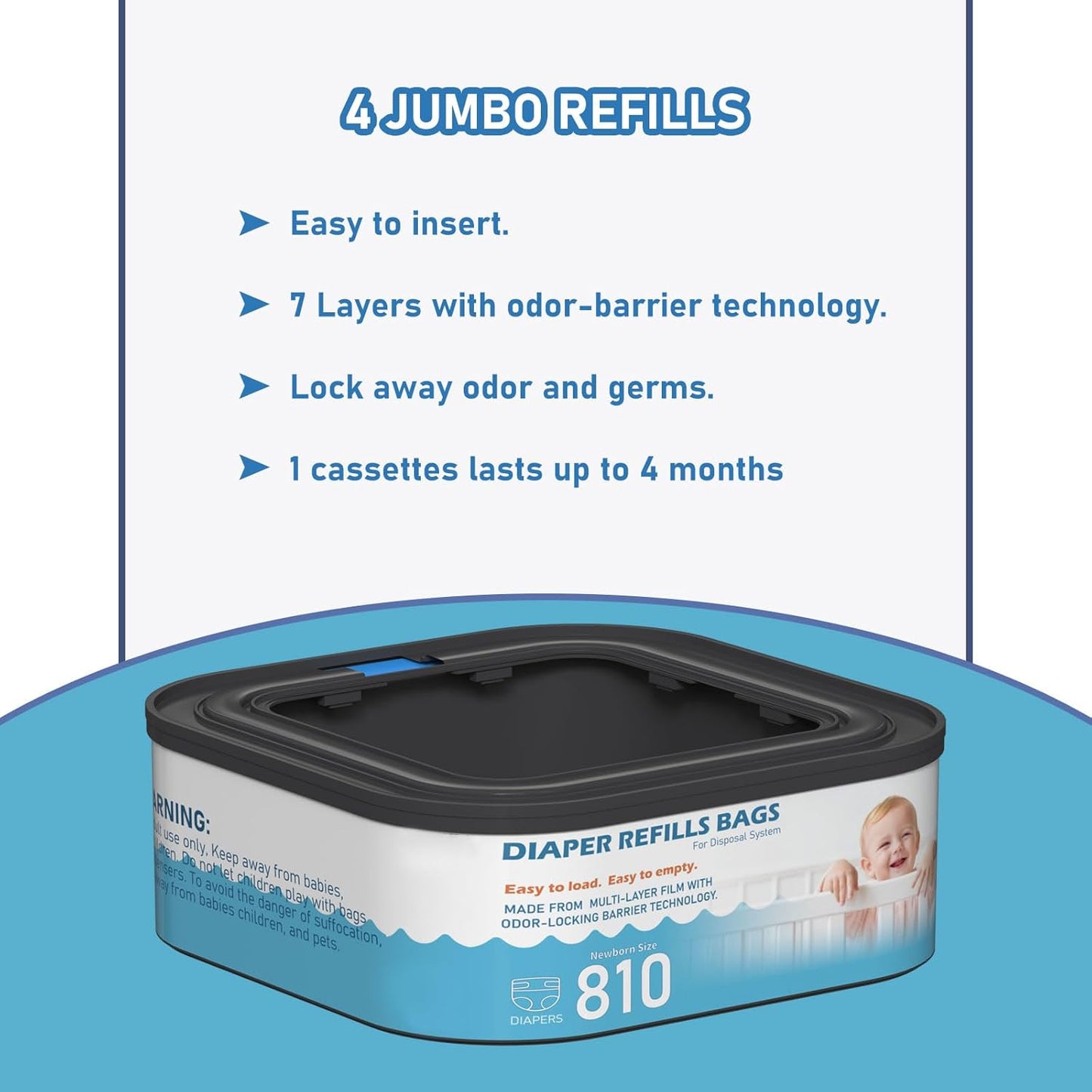 Jumbo Square Refills Disposal Bags Refill Compatible with Diaper Genie Classic, Compact and Select Pails, Hold Up to 810 Newborn-Sized Diapers Per Refill, Pack of 6
