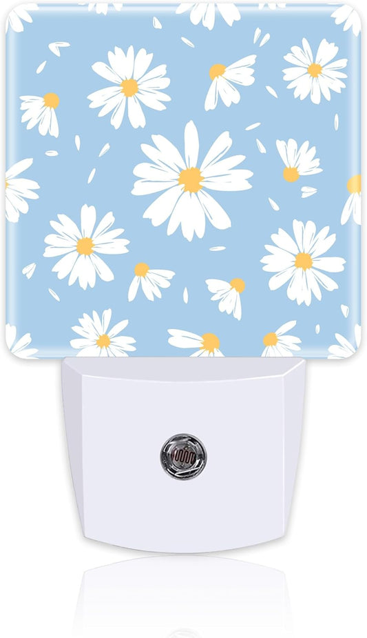 Watercolor White Daisies Flowers Night Light for Kids,Abstract Floral Flying Petals Night Light Plug in with Dusk to Dawn Sensor,0.5w Energy Saving Nightlight for Hallway Stairway Kitchen Bedroom