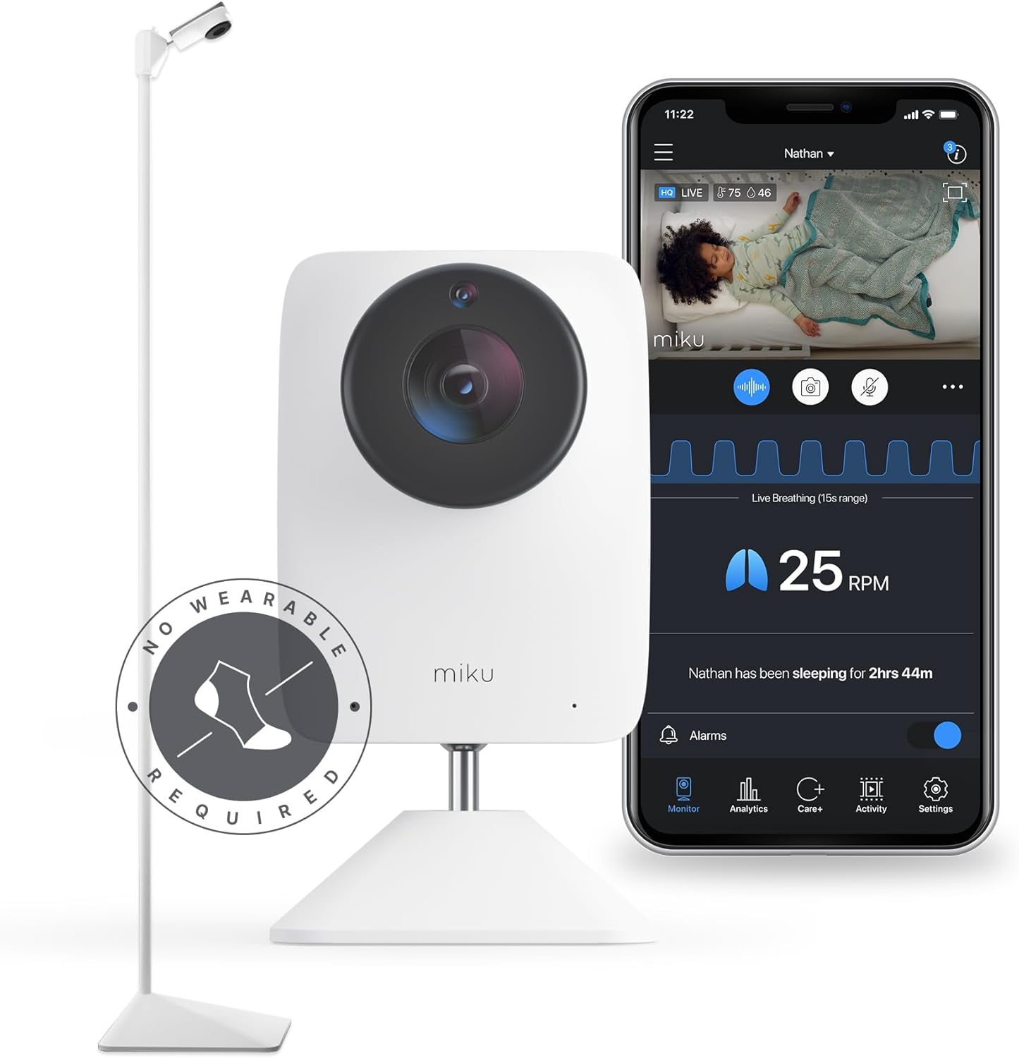 Miku Pro Smart Baby Monitor with Camera, Track Live Breathing with No Wearable, Real-Time Alerts, Sleep Analytics, 1080p Wi-Fi Video, Night Vision, and 2-Way Audio, Wall Mount & Floor Stand Included