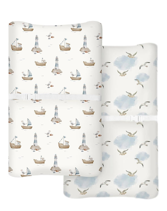 Changing Pad Cover for Baby Boys Girls 2 Pack, Fits Standard 32”×16” Changing Table Pads, Silky Breathable Stretch Knit, Machine Washable (Sailing Waves)