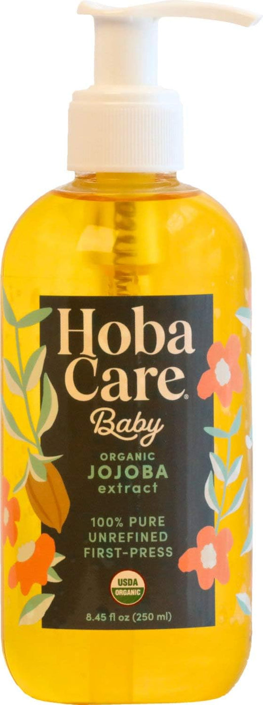HobaCare Organic Jojoba Baby Oil with Pump Dispenser – 100% Pure Natural Unrefined Unscented Hexane Free Cold Pressed Jojoba Oil for Baby Hair, Infant Skin, Scalp Moisturizing (8.45 oz)