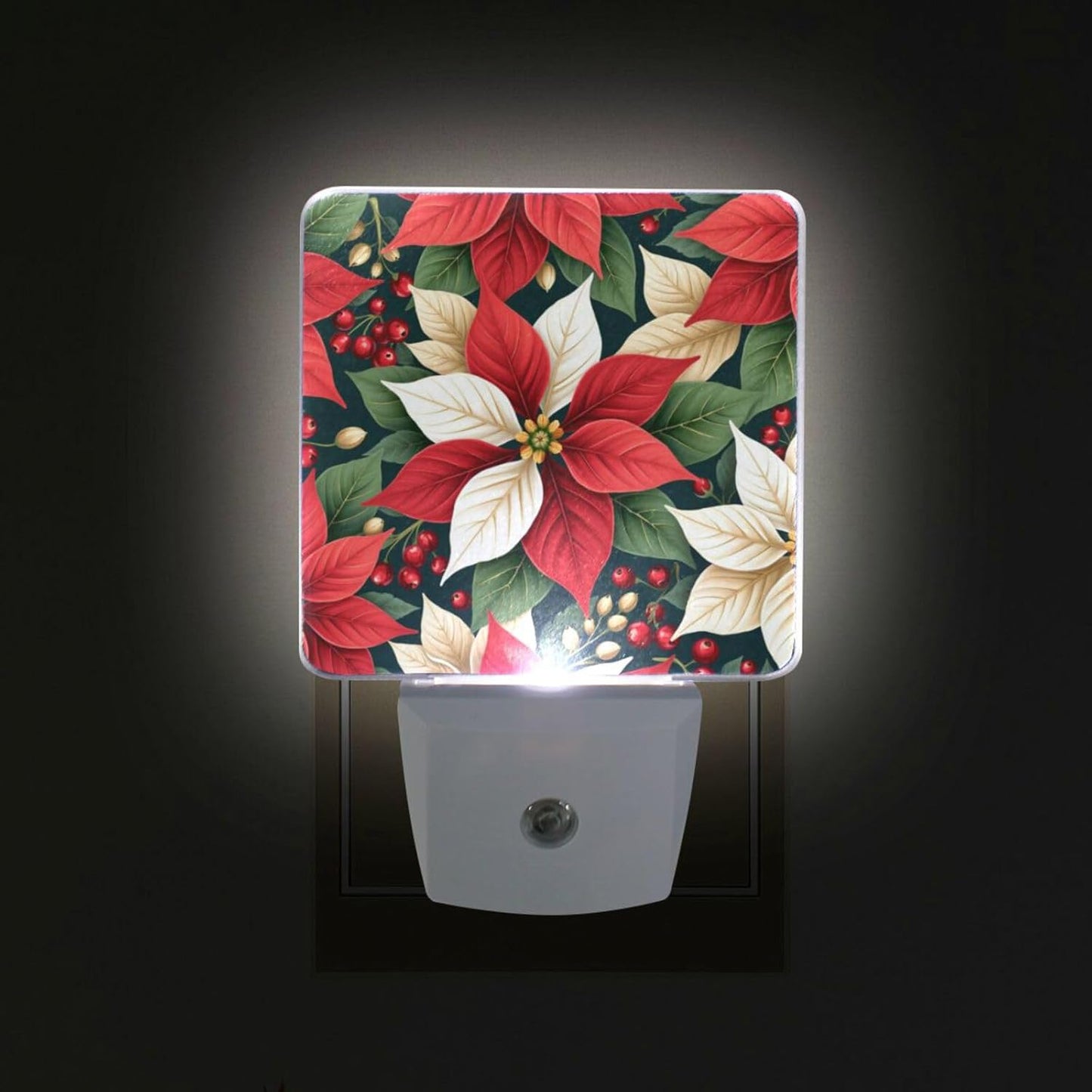 Aslsiy Night Light for Kids Red White Poinsettias Holly Leaves (5) Plug in Wall Lamp LED Dusk to Dawn Sensor Energy Saving Nightlight for Boys Girls Men Women