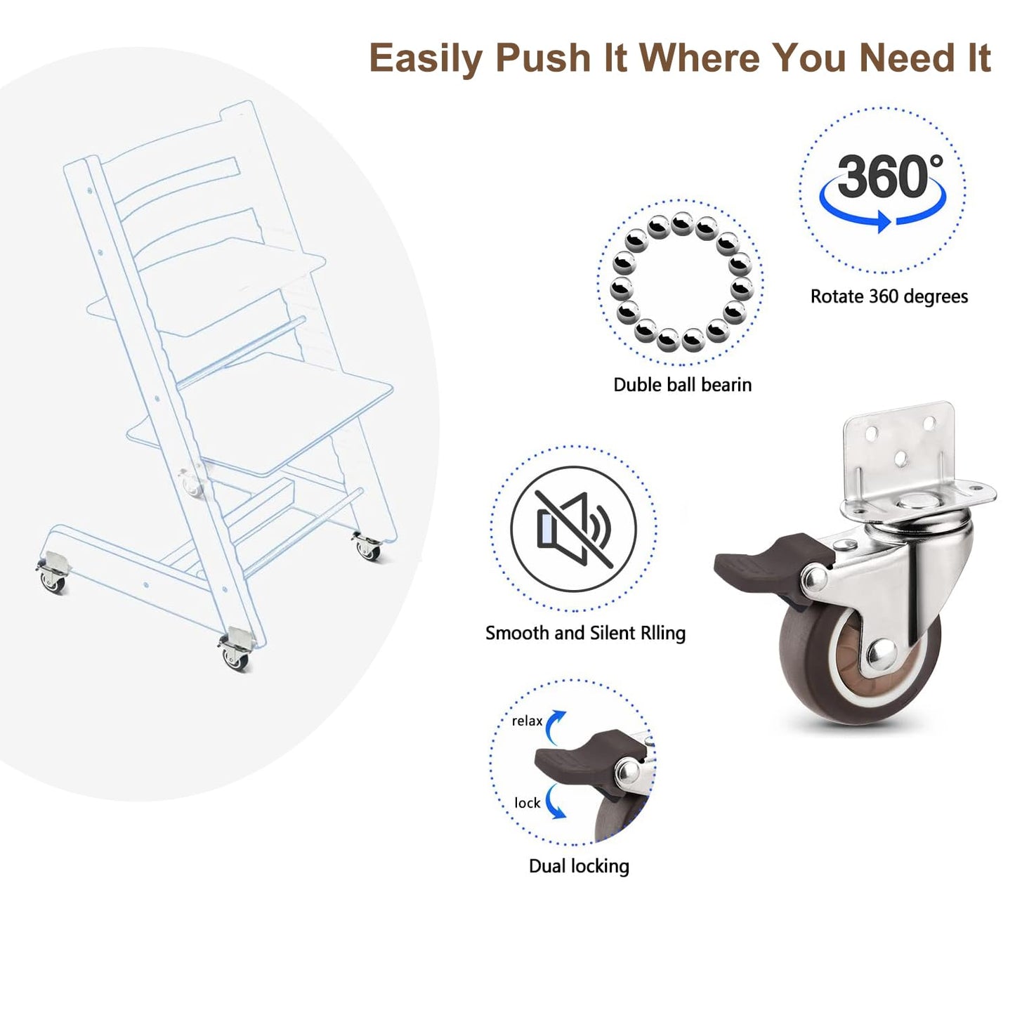Stokke Tripp Trapp High Chair Booster Base Wheel Kit with Safety Locks, 360° Rotation, Counter Height Riser & Universal Boost Seat Replacement Parts (4 Pcs)