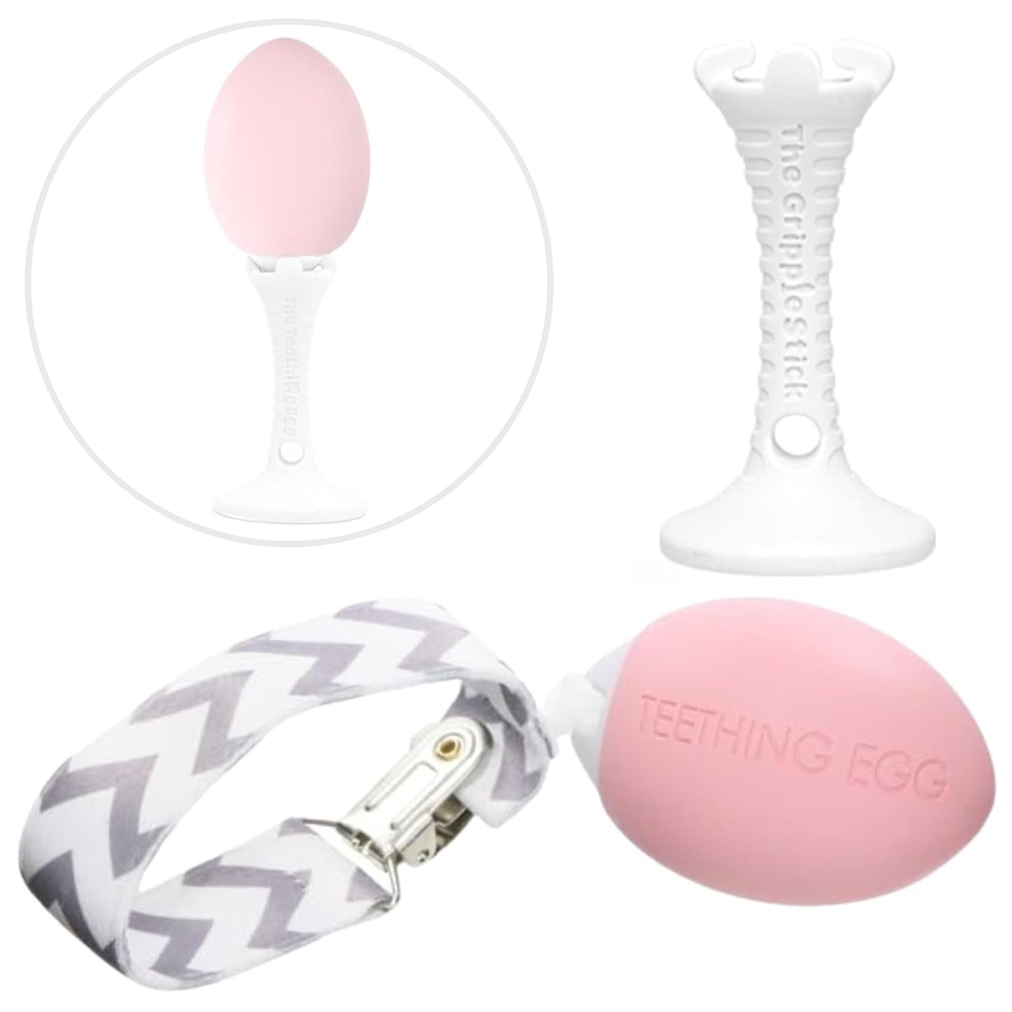The Teething Egg and Grippie Stick - Baby Development Teething Toys 3, 4, 6, 12 Up to 18 Months Old Boy or Girl, Sensory Toys, A Baby Registry Must Have Teether, Pink