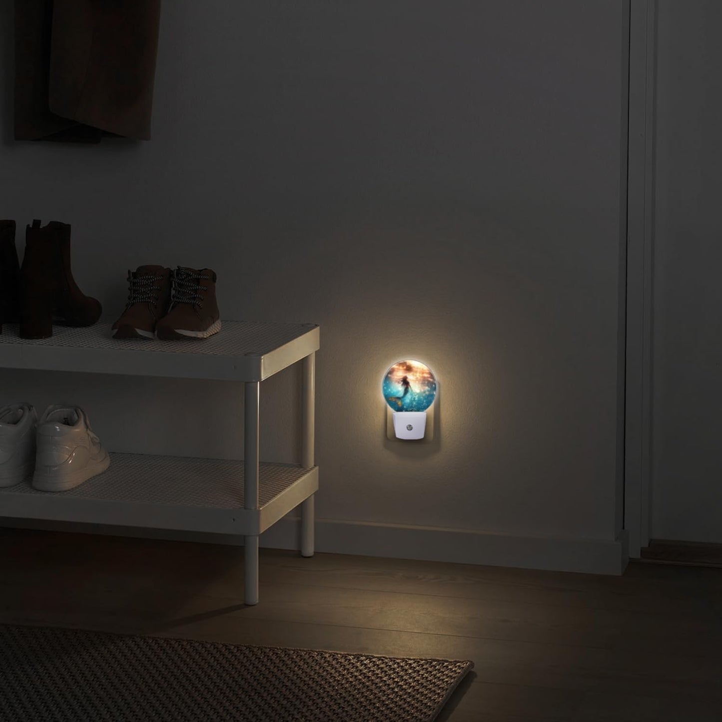 Round LED Night Lights Lamp with Dusk to Dawn Sensor, Beautiful Mermaid Swimming in The Deep Sea Night Light Plug Into Wall for Kids Room, Bedroom, Bathroom, Kitchen, Hallway