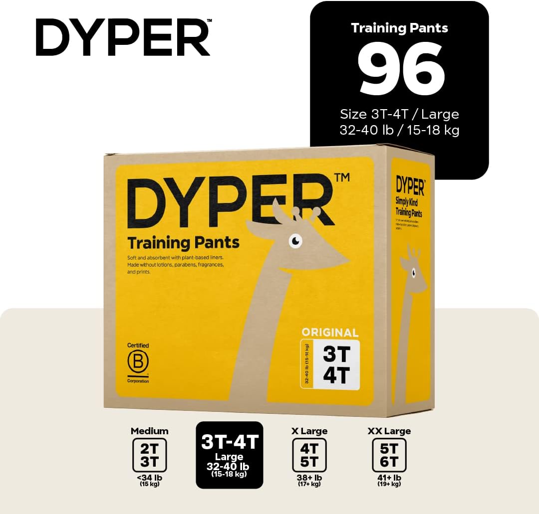 DYPER - Toddler Pull Up Style Potty Training Pants Girls/Boys Day & Overnight Protection - Made with Plant-Based*, Skin-Friendly Ingredients, Hypoallergenic -Size 3T-4T (96 Count)