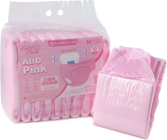CutiePlusU Disposable Adult Diaper Heavy Absorption Dry Surface Adult Diapers All Night- Pink 10 Pieces (Medium 28"-38")