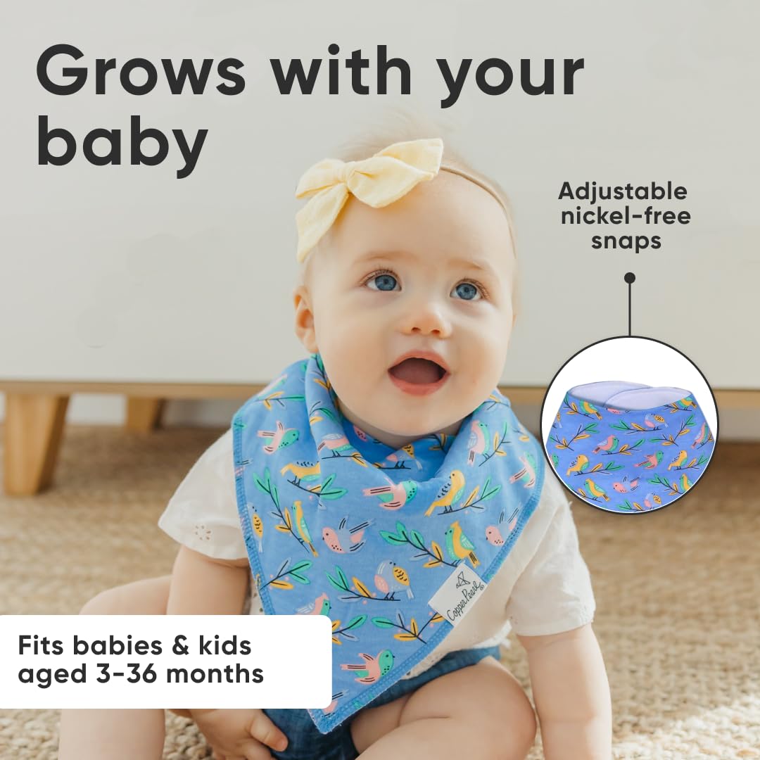 Copper Pearl 4 Pack Soft Cotton Baby Bibs for Drooling and Teething, Absorbent Drool Bibs for Baby Girl and Boy, Adjustable to Fit Newborns to Toddlers, Tons of Styles (Birdie)