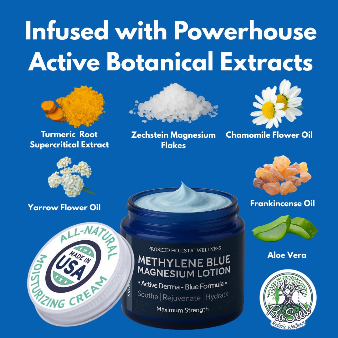 ProSeed Methylene Blue Magnesium Lotion with Yarrow, Turmeric, Frankincense, Vitamin E, Chamomile – Deep Moisturizing Cream for Face & Body – Bedtime & Post-Workout Massage for Kids, Men, Women - 2oz
