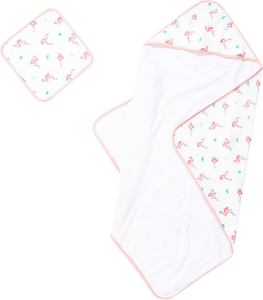 Bamboo Viscose Baby Hooded Towel & Washcloth Set for Babies and Toddlers, Soft & Absorbent, 70% Viscose from Bamboo, 30% Cotton Muslin - Imported (Flamingo)