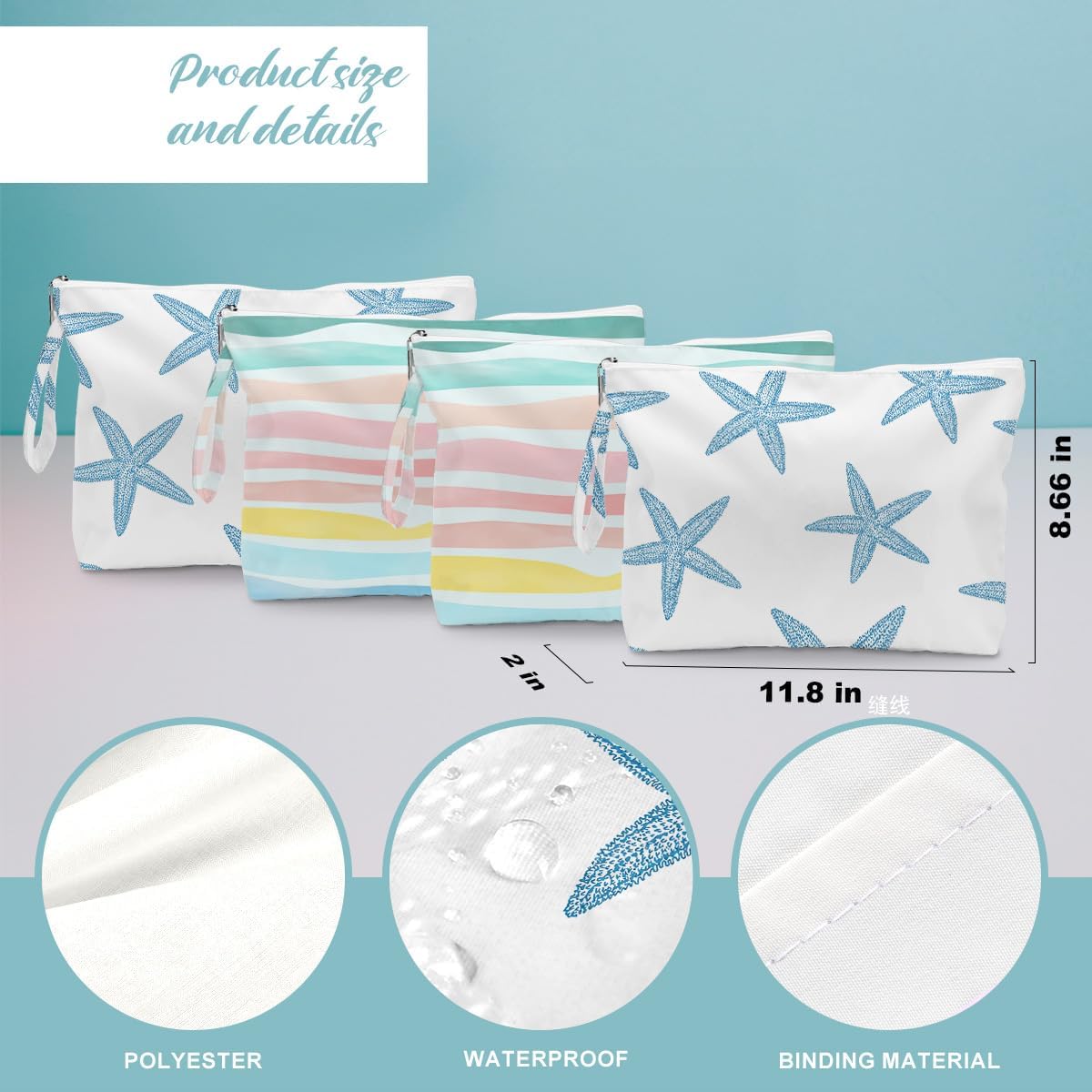 Fokongna 4PCS Wet Dry Bag Waves Rainbow Wet Bag Beach Bags for Swimsuit Toiletry Bags Travel Essentials For Women, Beach Travel Gym for Swimsuit Dirty Diaper Gifts