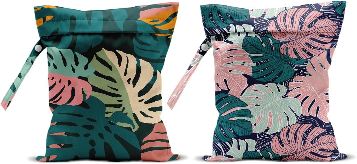 2Pcs Abstract Palm Leaves Wet Bag 12x10 Inch, Summer Greenery Waterproof Travel Laundry Bags, Washable Reusable Wet Dry Bag for Swimsuit Beach Diapers Dirty Yoga Gym Clothes, Plant Gifts for Women