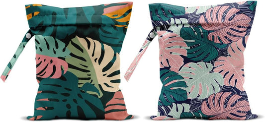 2Pcs Abstract Palm Leaves Wet Bag 12x10 Inch, Summer Greenery Waterproof Travel Laundry Bags, Washable Reusable Wet Dry Bag for Swimsuit Beach Diapers Dirty Yoga Gym Clothes, Plant Gifts for Women