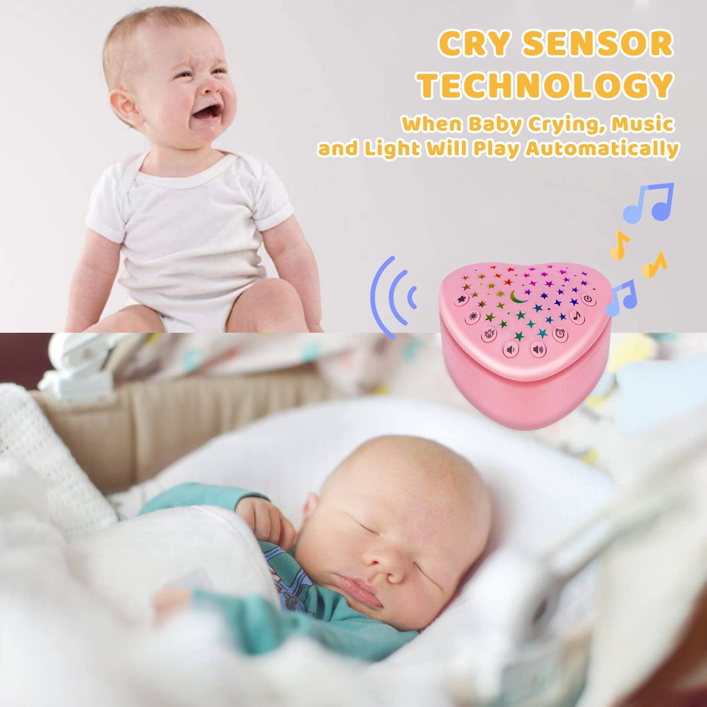 A13 White Noise Machine & Baby Sleep Soother with 15 Soothing Sounds & Projector LED Star Night Light, Cry Sensor, Rechargeable Lithium Battery, Portable for Baby Gifts, Children, Toddlers (Pink)