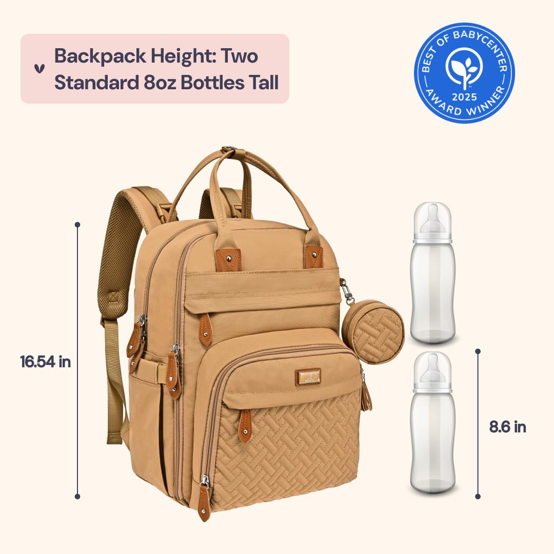 BabbleRoo Diaper Bag Backpack - Baby Essentials Travel Tote - Multi function Water Resistant Diaper Bag, Travel Essentials Baby Bag with Changing Pad, Stroller Straps & Pacifier Case - Unisex, Beige