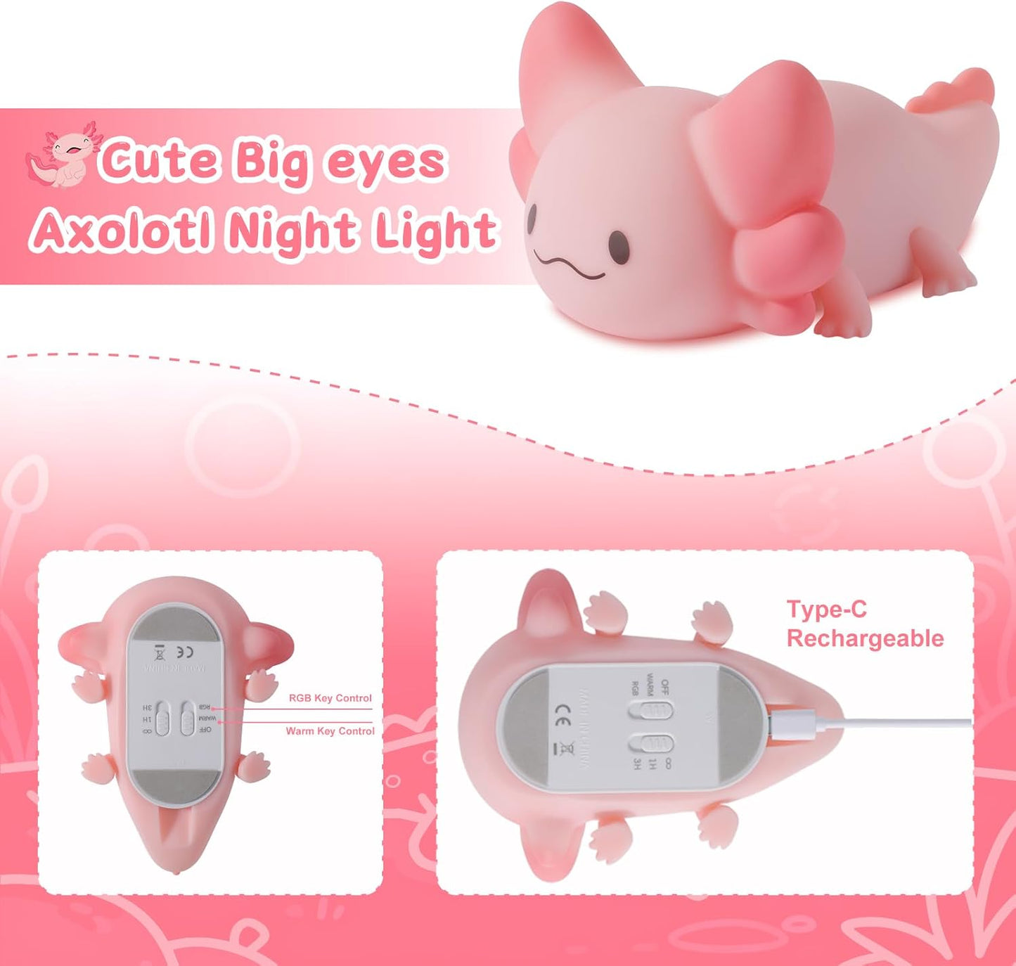 ZKLiLi Axolotl Night Light Kids Nightlight,Squishy Cute Lamp Dimmable Childrens Night Light Baby with Timer & 16 Colors,Rechargeable Bedroom Smart LED Bedside Lamps Toddler Night Light Newborn