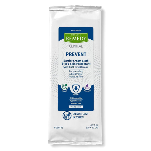 Medline Remedy Clinical 3-in-1 Barrier Cream Cloth, 8 count (1 Pack), 8 x 8 in Adult Wet Wipes, Vanilla Scent, Incontinent Care, Dimethicone, Irritated Skin, Soothing, Nourishing, Gentle