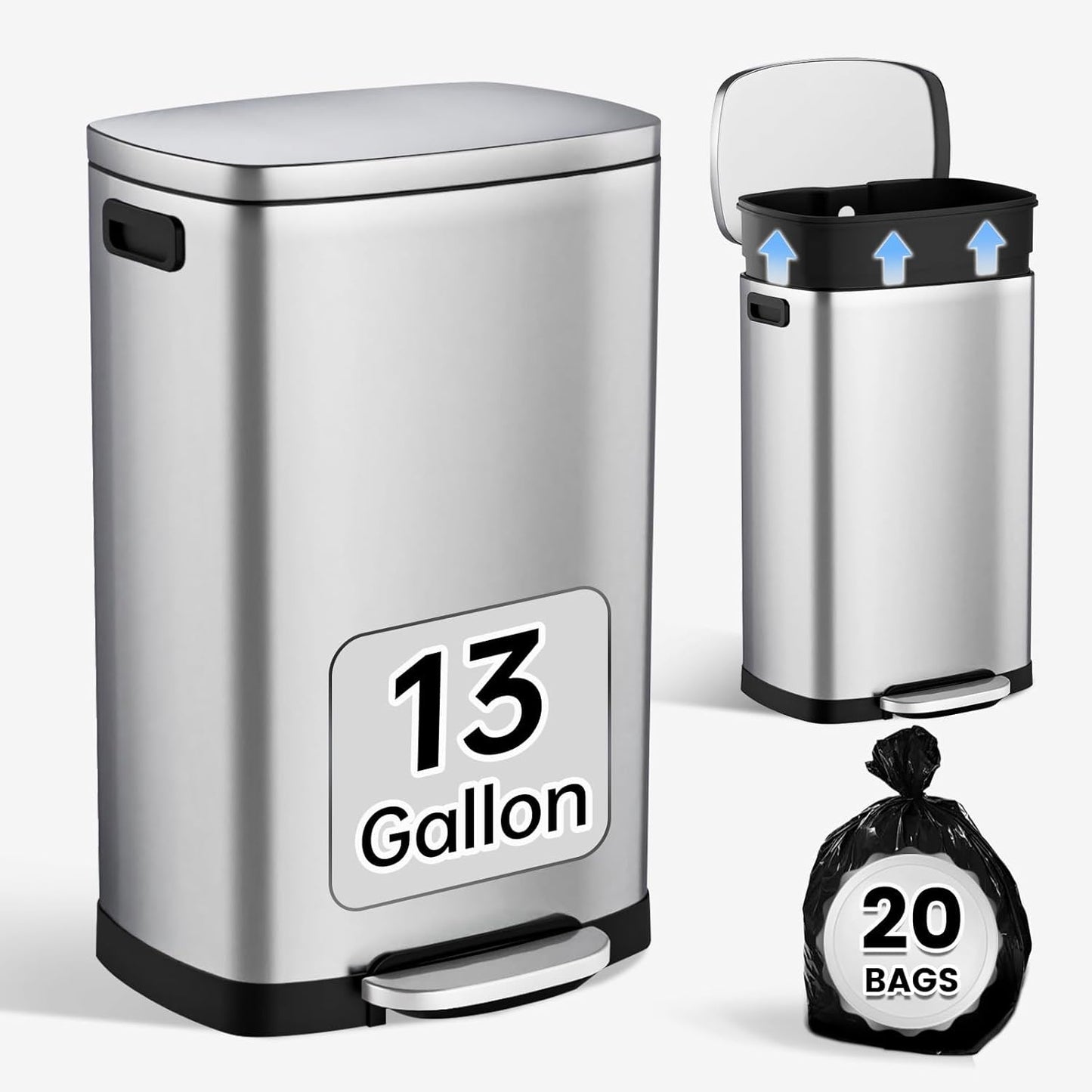 ELPHECO Kitchen Trash Can with Lid Soft Close, 13 Gallon / 50L Stainless Steel Pedal Garbage Can, Heavy-Duty Fingerprint Proof Step Wastebasket with 20 Bags, Removable Bucket, Home Office, Silver