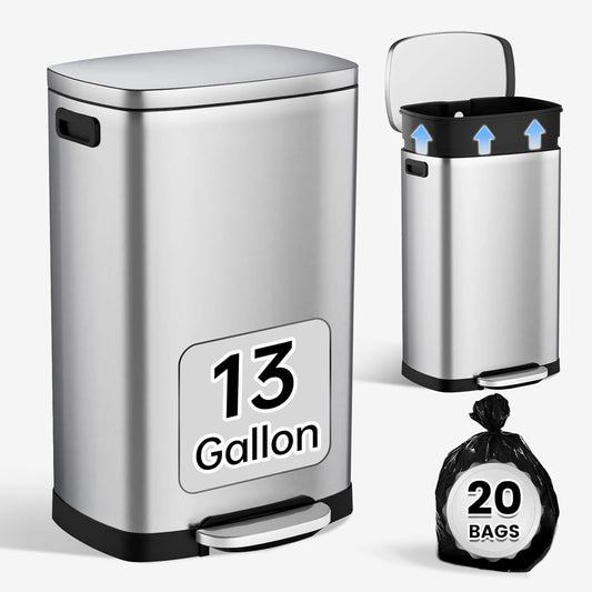 ELPHECO Kitchen Trash Can with Lid Soft Close, 13 Gallon / 50L Stainless Steel Pedal Garbage Can, Heavy-Duty Fingerprint Proof Step Wastebasket with 20 Bags, Removable Bucket, Home Office, Silver