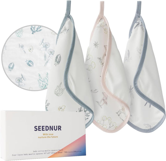 Baby Washcloths, Soft Burp Cloths, Absorbent Baby Bath Towels-4 Layer Design-Reusable Baby Wipes Newborn Bath Face Towel for Delicate Skin, Wash Cloths for Shower and Baby Essentials - 3 Pack