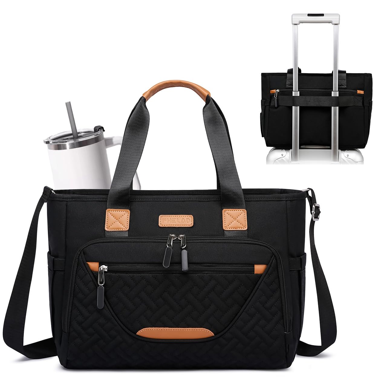 Diaper Tote Bag, 4 in 1 Tote Diaper Bag with 16" Laptop Compartment, Baby Bag with 3 Insulated Pocket for Mam and Dad, Ideal for Travel, Work (Black)