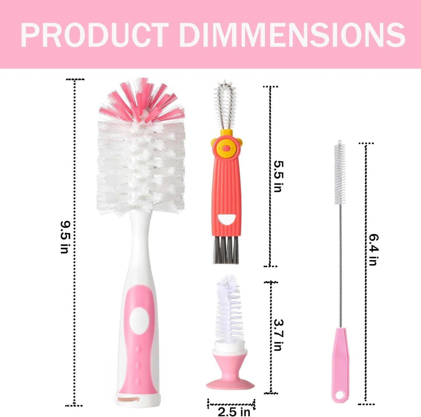 5 in 1 Baby Bottle Brush Set, Bottle Cleaner, 2Pcs Bottle Brush with Stand, 2 Hidden Nipple Brush, 2 Straw Brush, 1 Lid Brush, Nylon Bottles Brush Cleaner for Baby Bottle, BPA-Free(Pink)