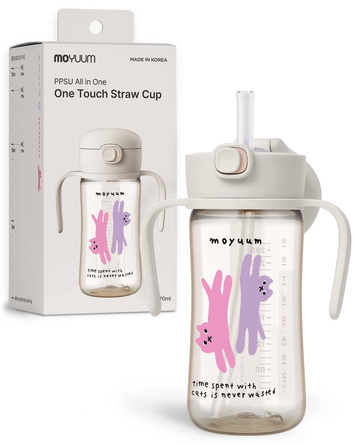 MOYUUM Leak Proof Sippy Cup with Handle | Made in Korea, 100% BPA Free PPSU, Magic No Spill Straw Cup with Attached Flip Top Lid, Easy to Hold for Babies and Toddlers, 9oz Gray