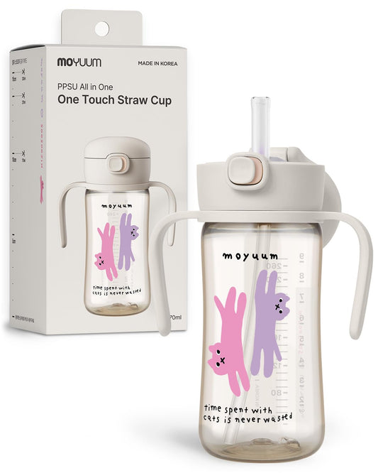 MOYUUM Leak Proof Sippy Cup with Handle | Made in Korea, 100% BPA Free PPSU, Magic No Spill Straw Cup with Attached Flip Top Lid, Easy to Hold for Babies and Toddlers, 9oz Gray