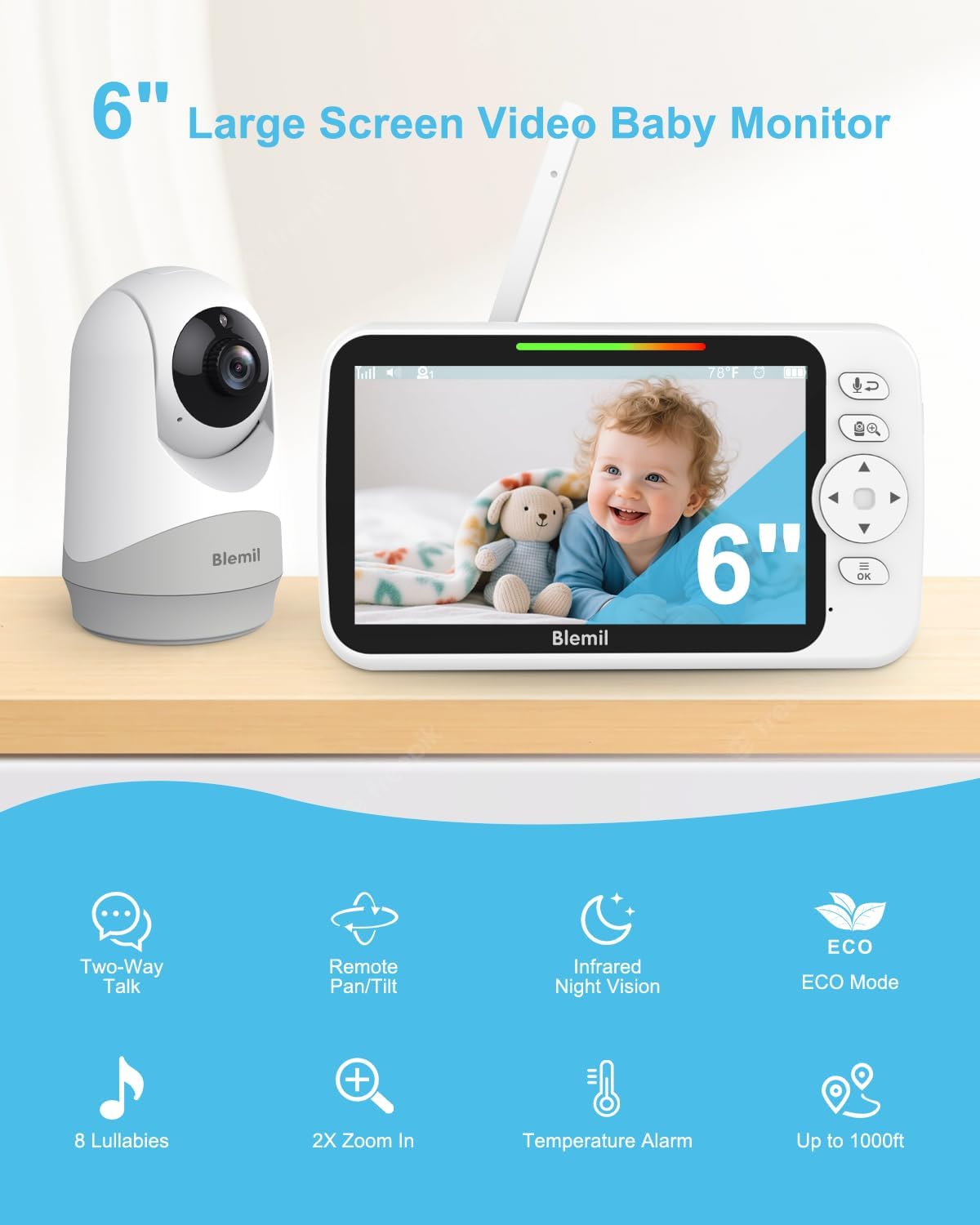 Blemil Upgrade Video Baby Monitor with Camera and Audio 6" Large Screen, 35-Hrs Battery, No WiFi Baby Monitor, Remote Pan/Tilt/Zoom Camera, 2-Way Talk, Night Vision, Temperature, 1000ft Range