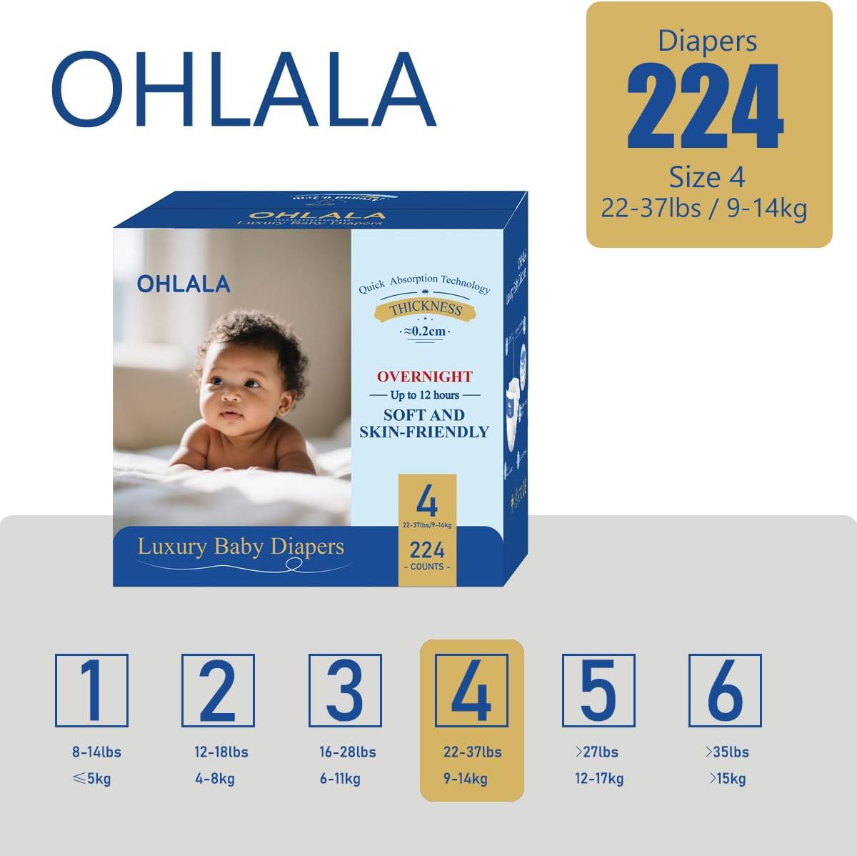 OHLALA Luxury Diapers Size 4 Skin-Friendly & Leakproof | Hypoallergenic | Fragrance-Free | Lightweight | 4 Pack 224counts | 22-37 lbs