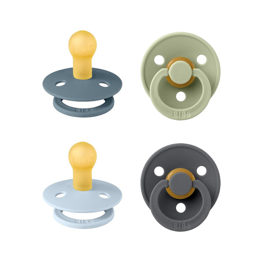 BIBS Pacifiers - Colour 4-Pack | BPA Free Baby Pacifier | Round Nipple Binkies | Natural Rubber Latex Soother | Made in Denmark | Size 1 (0-6 Months) | Baby Blue Mix