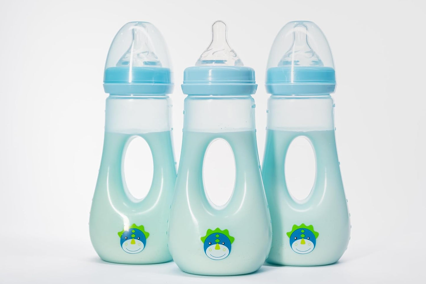 Avima Easy Grip Anti Colic Baby Bottles, BPA Free, 8 oz. Wide Neck w/Medium Flow Silicone Nipples & Bottle Brush Blue Set (Pack of 3)