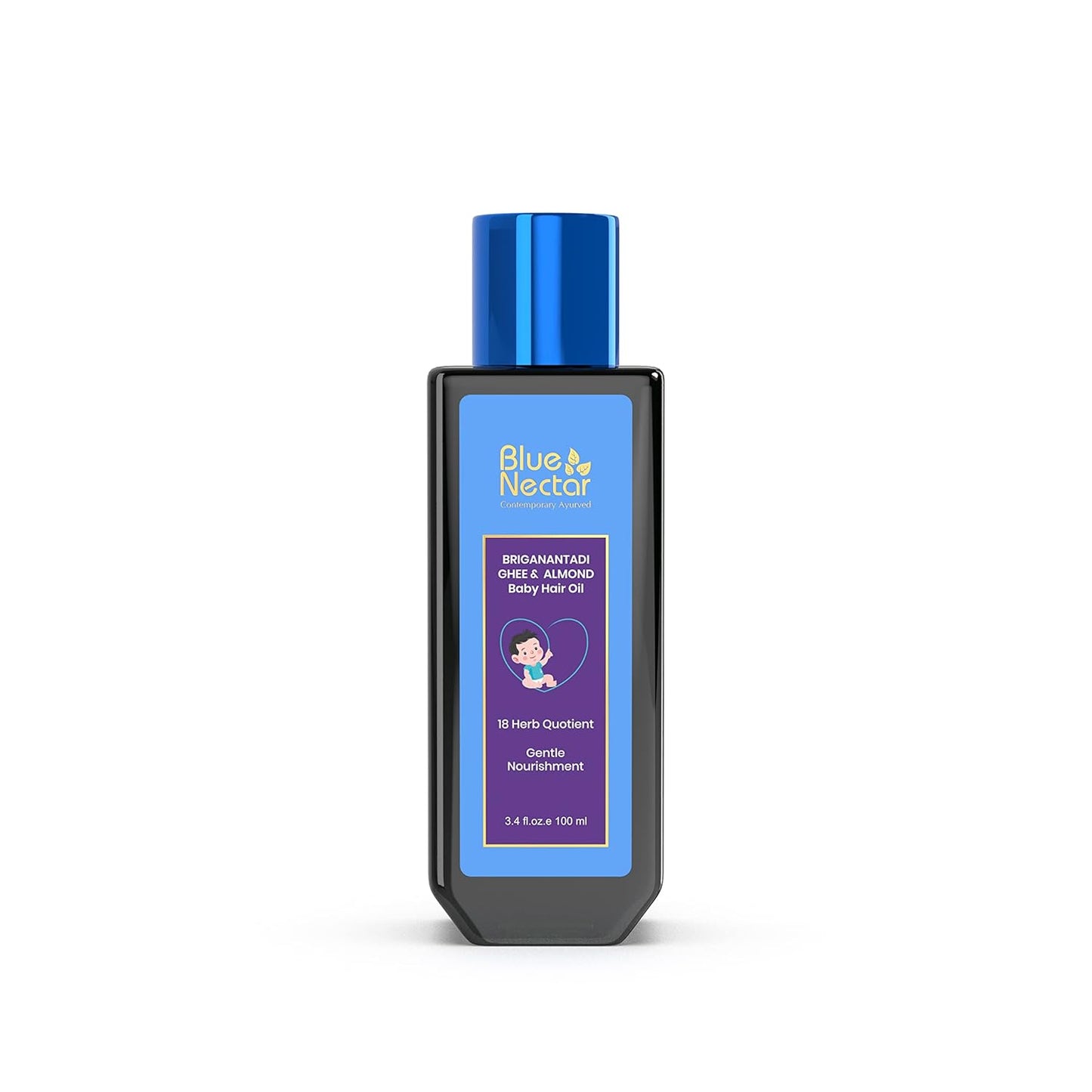 Blue Nectar Ayurvedic Baby Hair Oil with Organic Ghee, Almond Oil, Coconut Oil & Olive Oil for Hair and Scalp(18 Herbs, 3.38 Fl Oz)