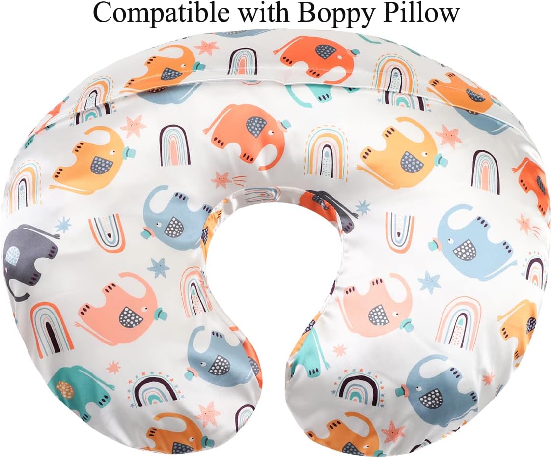 Satin Nursing Pillow Cover Set 2 Pack Ultra Soft Silk Compatible with Boppy Pillow for Breastfeeding Pillow Protect for Baby Hair and Skin Elephant & Rhino Lion
