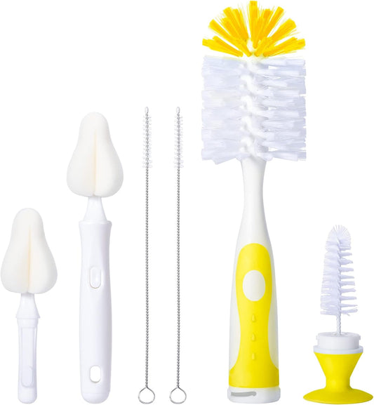 Baby Bottle Brush Set with Nipple Cleaner and Suction, 10.2" Cleaning Brush and 6.5" Sponge Bottle Brush with A Replacement Brush Head and Two 6.7" Straw Brushes, Pack of 5 (Yellow)