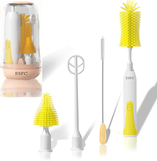 Portable Electric Baby Bottle Brush Set with Electric Bottle Brush,Nipple/Straw Brush,Milk Frother and Drying Base,Waterproof IPX7,Rechargeable Travel Bottle Cleaning Kit,Yellow