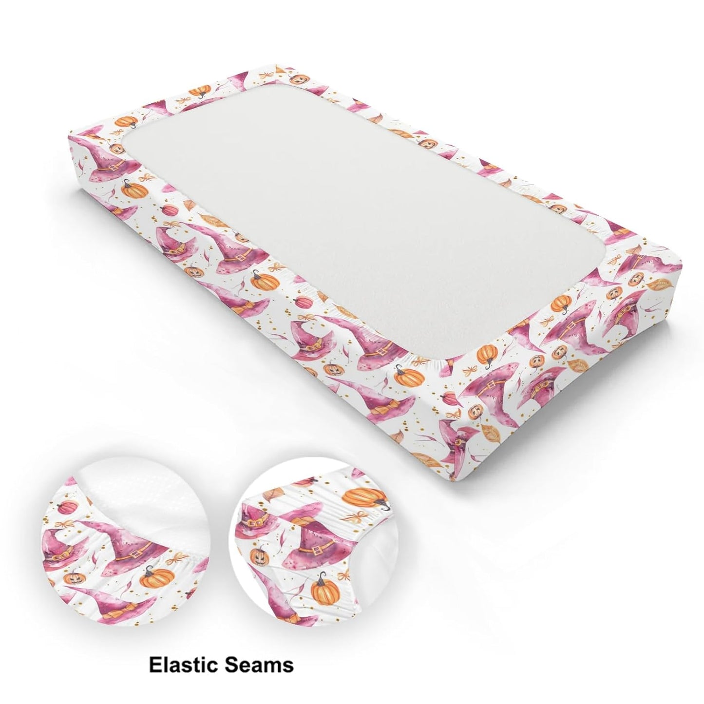 Watercolor Halloween Witch Hats Pumpkin Bows Leaves Pattern Baby Changing Pad Cover, Unisex Fall Winter Holiday Nursery Diaper Changing Table Pad Mat Sheet for Boys Girls-16x32