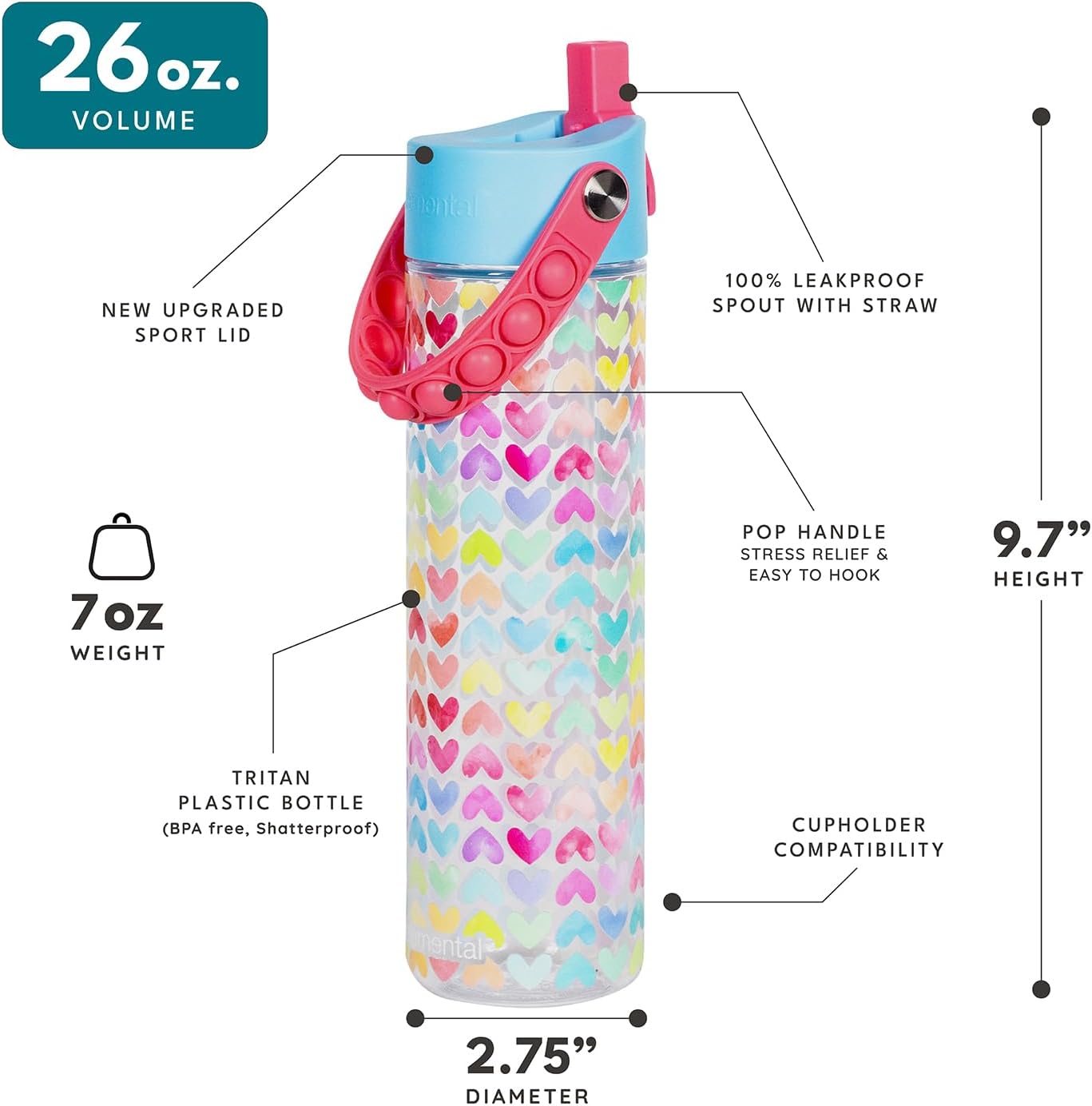Elemental Splash Water Bottle with Straw - BPA-Free Tritan Plastic Reusable Water Bottle with Pop It Strap - Ideal for Travel, Gym and Sports - Leak Proof when Spout is Closed - 26oz - Rainbow Heart