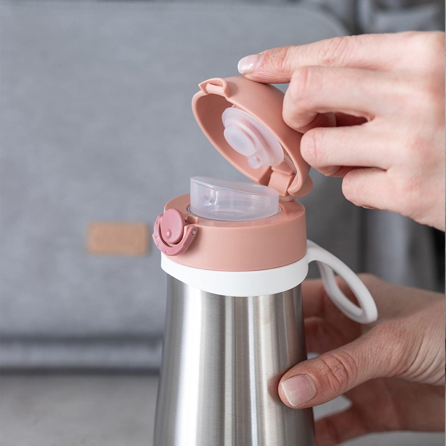 BEABA Kids Stainless Steel Insulated Water Bottle, Kids Water Bottle, Toddler Thermos with Spill Proof Spout and Close Top, Perfect for Travel, (Rose)