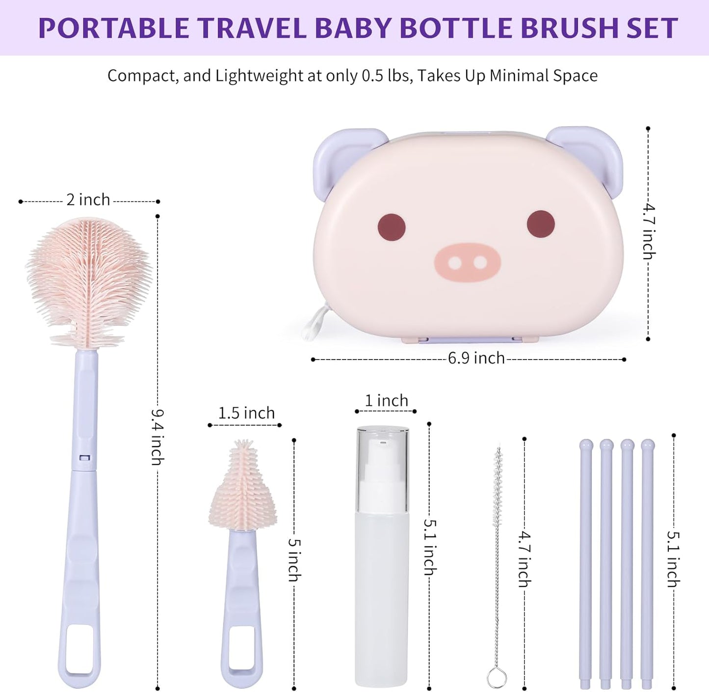 VOOWO Baby Bottle Brush & Drying Rack, Portable Travel Kit - Silicone Bottle & Nipple Brush Set, Straw Cleaner (Purple)